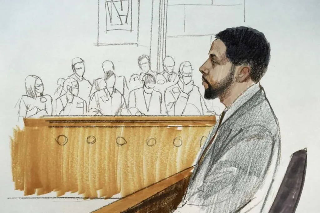 Court Sketch of Jussie Smollett testifying.